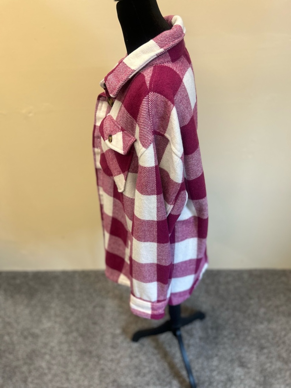 Plaid Pea Coat shacket Jacket in Pink & White Size L Perfect Condition - Picture 2 of 8